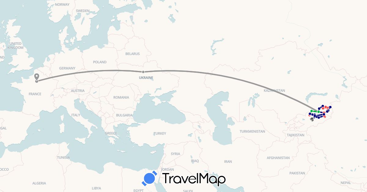 TravelMap itinerary: driving, bus, plane, hiking, motorbike in France, Kyrgyzstan, Kazakhstan, Ukraine (Asia, Europe)